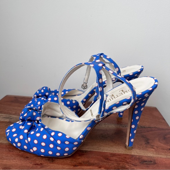 Something Bleu Shoes - Something Bleu, polka dot sandals, blue/orange/white. Leather sole, size 9